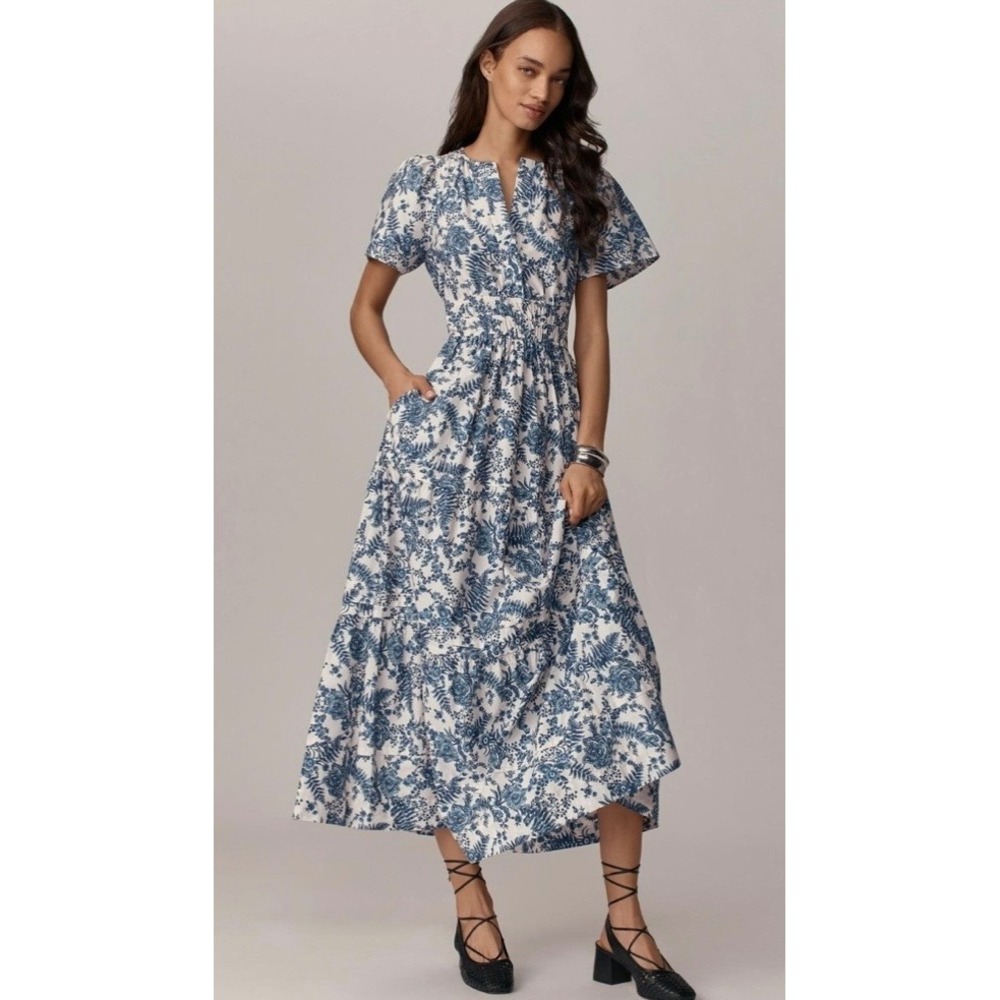 Anthropologie Somerset Maxi Dress Blue White Floral Smocked Cotton XXS
